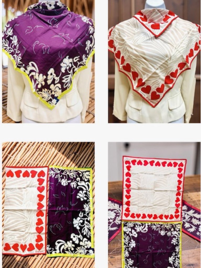 2 New Necker-Chief Givency Cotton & Silk 19.5" Beige Red Hearts Purple Green(31